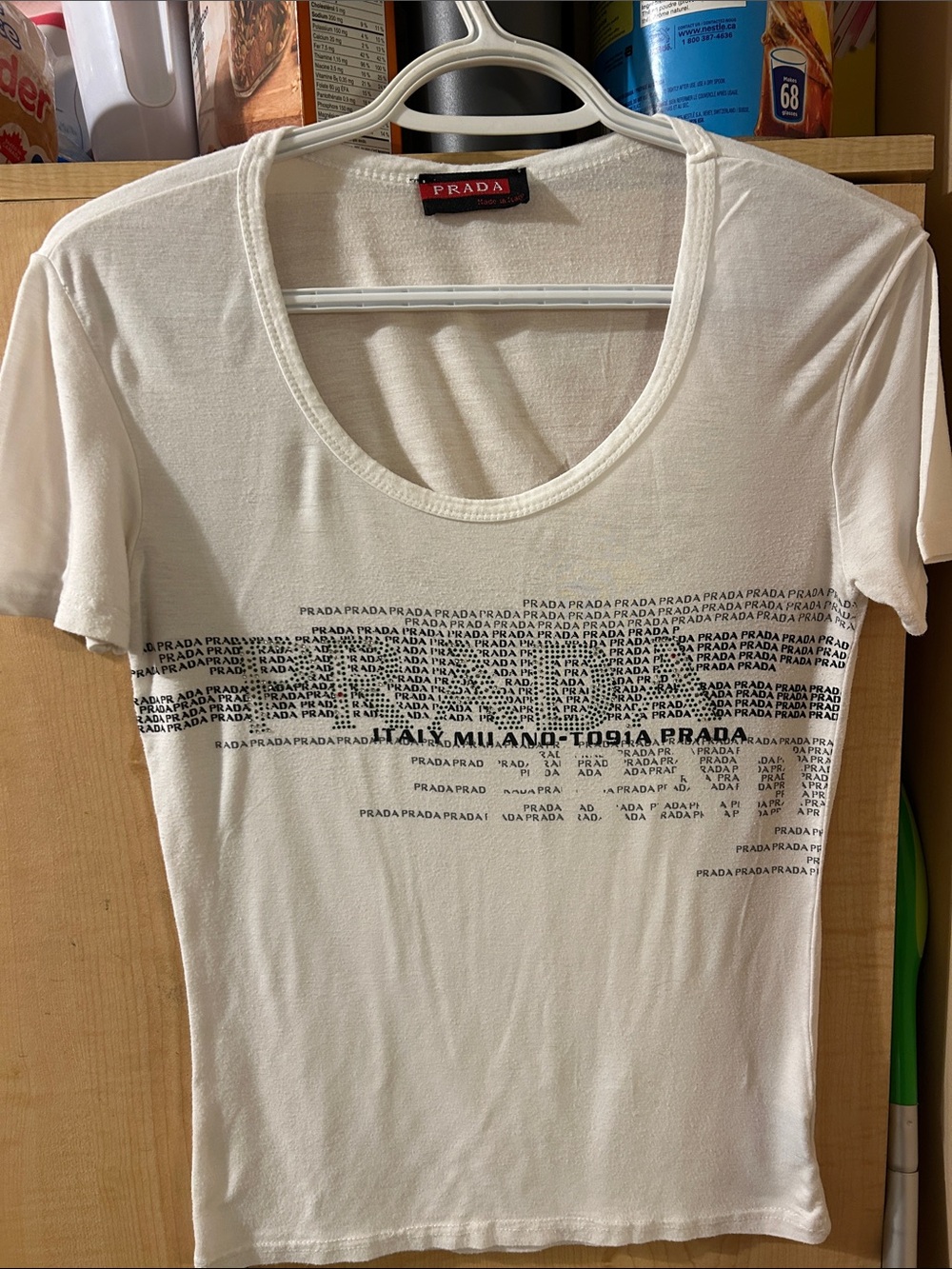 Prada White Short Sleeve Logo Tee with Black Microprint
